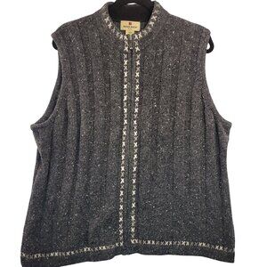 Woolrich Womens 2XL Cable Knit Onyx Heather Knit Vest Wool Blend Lambs wool Trim
